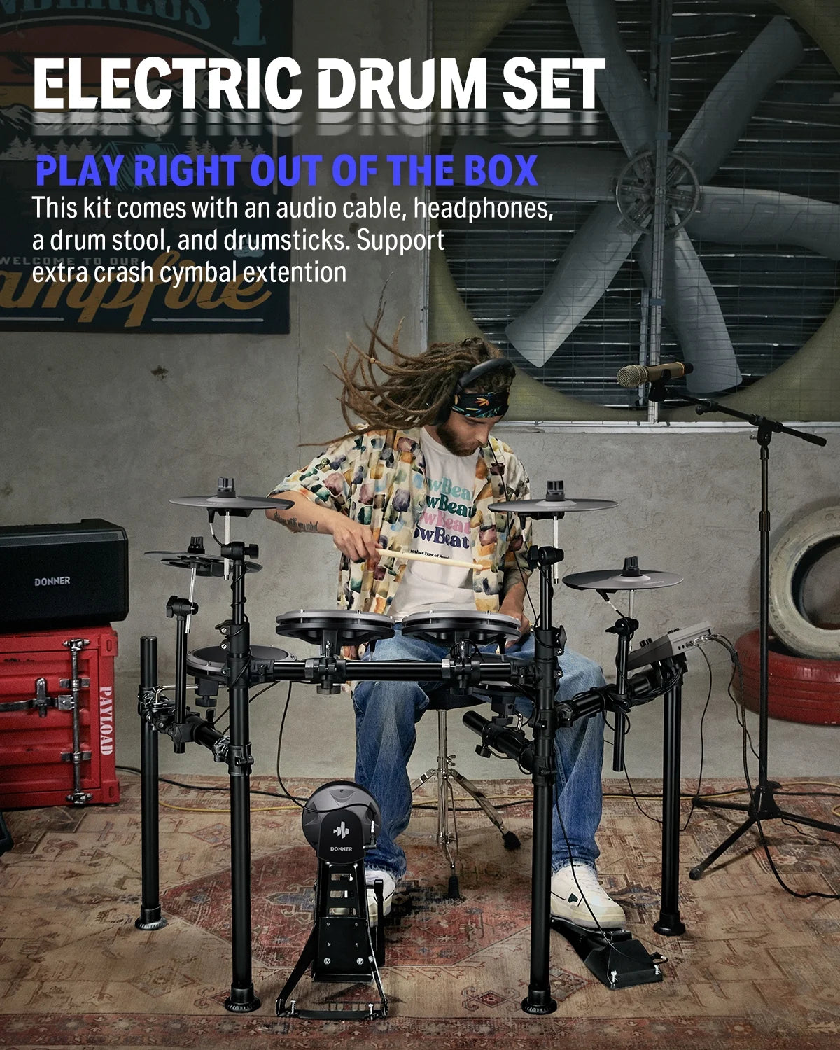 Electric Drum Set with LED Light Up, 150+ Sounds, USB MIDI, Type-C Charging, 4 Quiet Mesh Pad Electronic Dums Kit for Beginner Kids