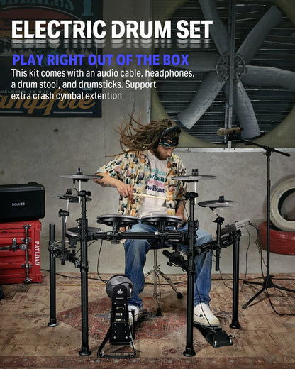 Electric Drum Set with LED Light Up, 150+ Sounds, USB MIDI, Type-C Charging, 4 Quiet Mesh Pad Electronic Dums Kit for Beginner Kids