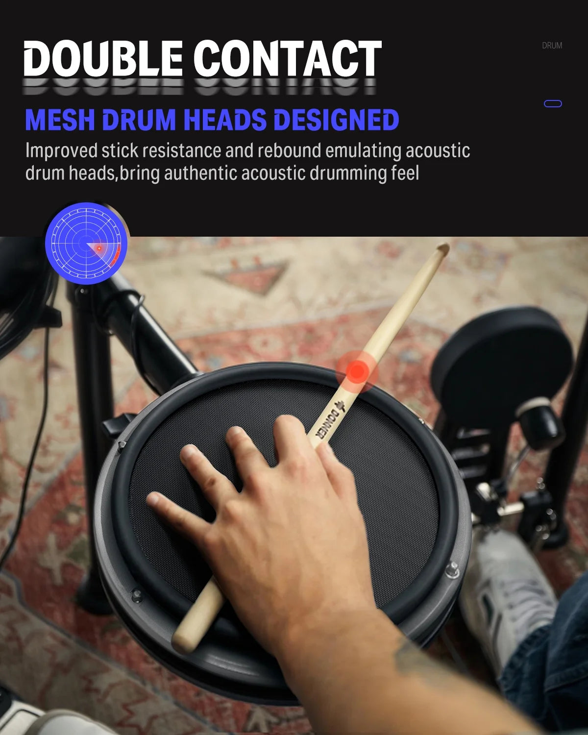 Electric Drum Set with LED Light Up, 150+ Sounds, USB MIDI, Type-C Charging, 4 Quiet Mesh Pad Electronic Dums Kit for Beginner Kids