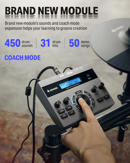 Electric Drum Set with LED Light Up, 150+ Sounds, USB MIDI, Type-C Charging, 4 Quiet Mesh Pad Electronic Dums Kit for Beginner Kids