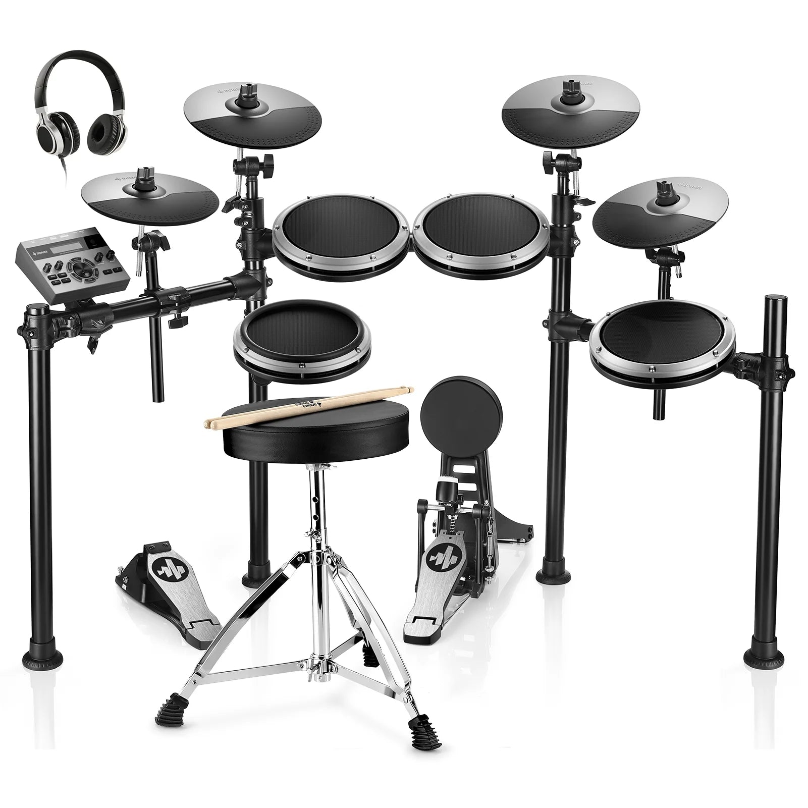 Electric Drum Set with LED Light Up, 150+ Sounds, USB MIDI, Type-C Charging, 4 Quiet Mesh Pad Electronic Dums Kit for Beginner Kids