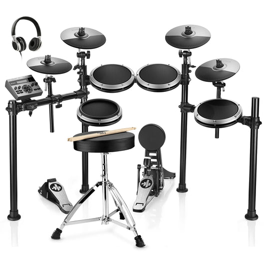 Electric Drum Set with LED Light Up, 150+ Sounds, USB MIDI, Type-C Charging, 4 Quiet Mesh Pad Electronic Dums Kit for Beginner Kids