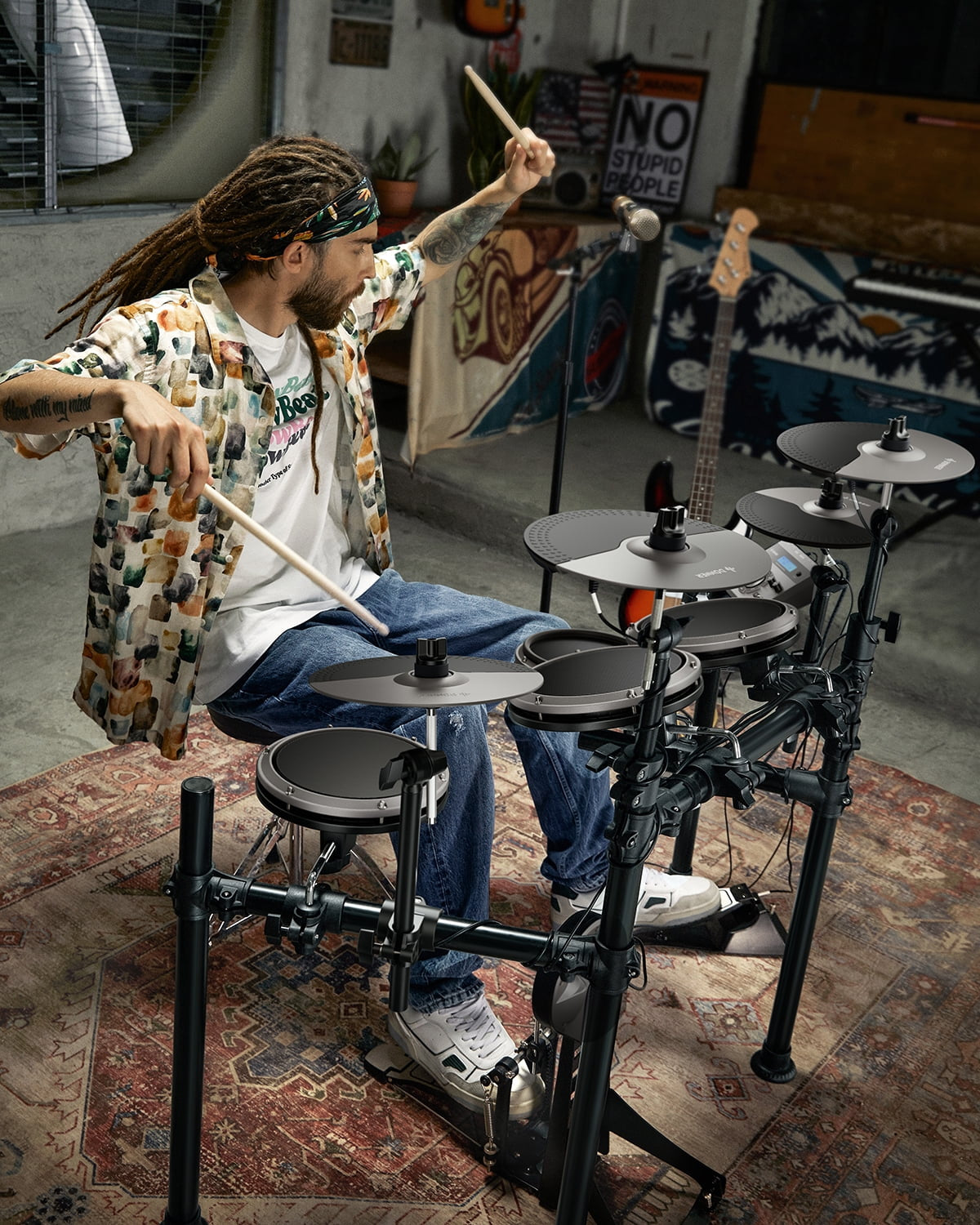 Electric Drum Set with LED Light Up, 150+ Sounds, USB MIDI, Type-C Charging, 4 Quiet Mesh Pad Electronic Dums Kit for Beginner Kids